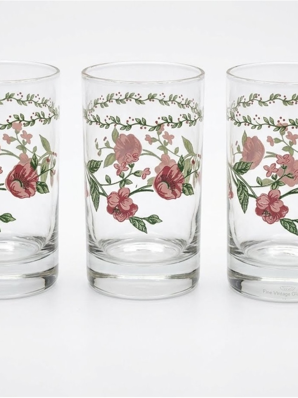 Farberware Clear Glass Tumblers with Pink Floral & Green Leaf Design (Set of 3)
